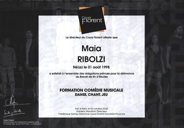 Diplôme de Comédie Musicale du Cours Florent de Paris décerné à Maia Ribolzi