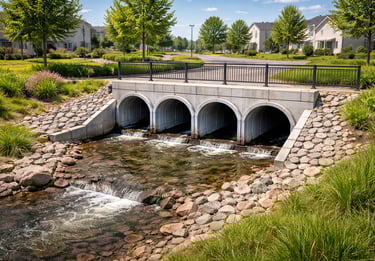 Galeria pluvial em loteamento residencial com múltiplas aduelas de concreto conduzindo águas pluviai
