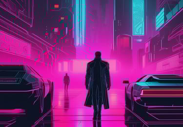 Futuristic illustration of a man walking through a neon-lit cityscape inspired by Blade Runner.