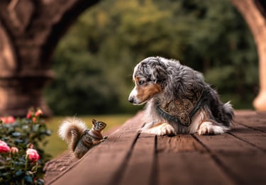 Hund beobachtet Eichhörnchen bei Fine Art fantasy Hundefotografie dog photography awards