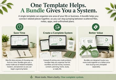 Digital template bundle benefits banner with planning tools, dashboards, and bundled templates.