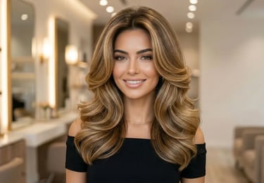 Classic voluminous blowout hairstyle with full body and bounce, styled in a luxury salon with glossy