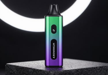 A premium close-up of a premium vape pod kit with glowing vape green and electric purple accents, sitting on an obsidian stone block under a modern neon spotlight, Middle Eastern / Dubai Gulf Region, luxury product photography.