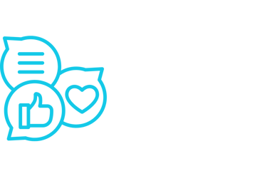 Blue social media icons with a thumbs up, heart, and speech bubble for online engagement.