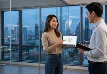 A candid photograph of two data professionals collaborating inside a modern glass-walled office buil
