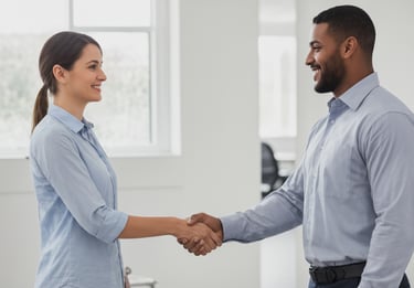 Two business professionals, a woman and a man, smiling and shaking hands in a well-lit office hallway.