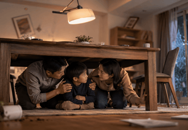 A family taking cover under a wooden table for safety during an earthquake in their home.