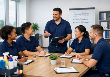 A diverse cleaning staff attending a training session on safety procedures and professional techniques.