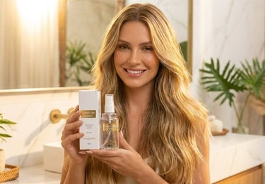 a woman holding a bottle of skin care products