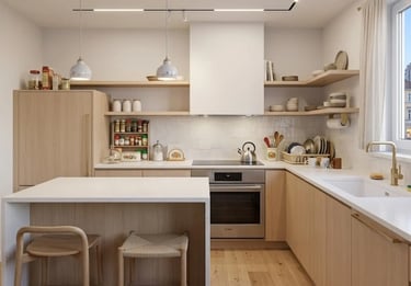 Cucina angolare moderna in legno chiaro con piano di lavoro, isola, cappa e lampadari bianchi 