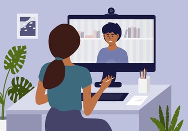 Online terapi yapan psikolog ve bilgisayardan bağlanan danışanı