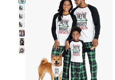 a family of three wearing matching matching christmas pajamass