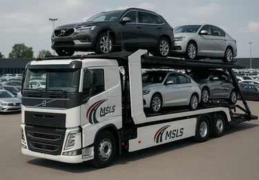 Large MSLS branded car transporter truck hauling a full load of new cars.