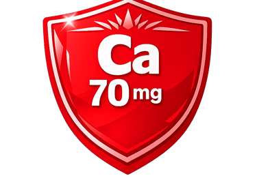 A glossy red shield icon labeled Ca 70mg, symbolizing calcium supplement bone health protection.