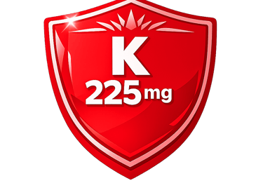 Red shield icon representing Vitamin K 225mg dosage for nutritional supplement immune support.