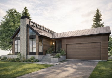Wood and black metal modern home with stone chimney and clerestory windows