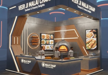 a booth with a pizza oven and a pizza oven
