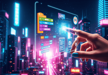 Hand interacting with holographic app development interface.