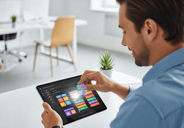 User dragging and dropping components on a tablet for app building.