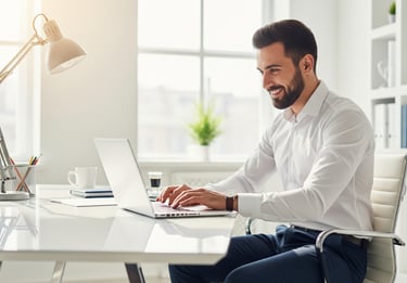 Smiling entrepreneur working on laptop in modern office.