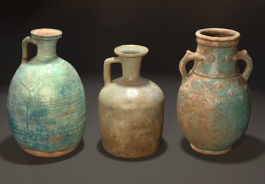 3D image of three weathered Parthian vases, side by side with a black background