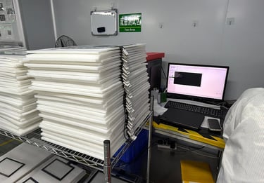 Interactive touch panel functional testing using ILITEK diagnostic equipment at ClaraTech factory.