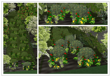 Maquettes 3D d'un futur jardin maraîcher (intérieur des serres).
