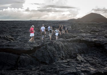Hiking across volcanic lava fields in the Galapagos Islands