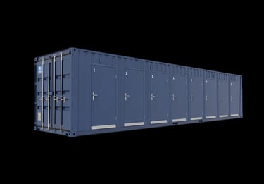 Blue multi-door self-storage shipping container with numbered units on a black background.