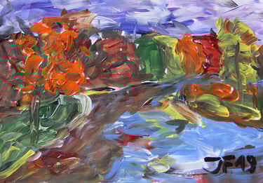 a landscape painting of a river in Autumn