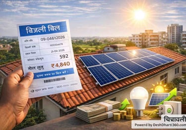 सोलर पैनल लगे घर के साथ बिजली बिल और ऊर्जा बचत संकेत