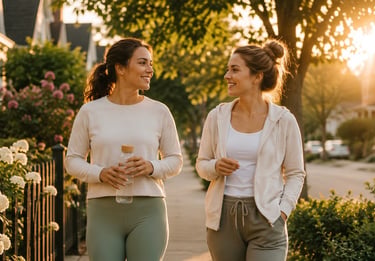 Woman enjoying a relaxing evening walk to support healthy daily movement.