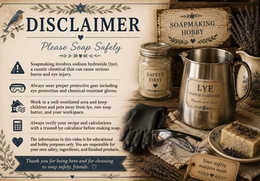 Soapmaking safety disclaimer featuring sodium hydroxide lye safety equipment, goggles, and gloves.