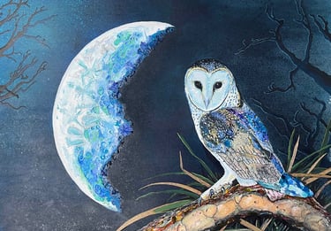 A painting of A Barn Owl at Eungedup Wetlands, land secured by the community for conservation. 
