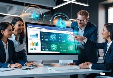 Equipo de trabajo en una oficina moderna colaborando frente a una computadora con hologramas de datos de marketing digital, m