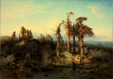 August Cappelen- A Tarn in Telemark painting of a lake with moody trees-pd