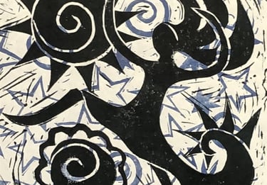 hand printed square fabric with black image of woman dancing