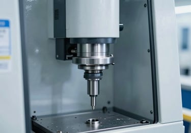 Clean high-precision injection molding machine component, factory environment, cool daylight, sharp focus, 35mm lens