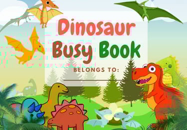 Colorful dinosaur busy book cover featuring a T-Rex and various dinosaurs in a prehistoric forest.