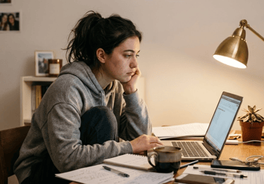 Young woman in a grey hoodie studying on a laptop at a messy desk with a desk lamp and coffee.