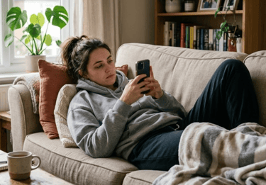 Young woman in a grey hoodie relaxing on a beige sofa while scrolling on her smartphone at home.