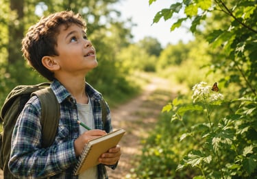 A boy taking notes in his journal while on a hike.