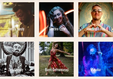 Djs, artists, and workshop leaders at the Higher Love Ecstatic Dance Campout.