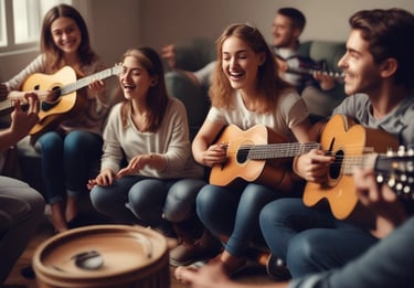 An Indian woman painting vibrant colors on a canvas, surrounded by musical instruments and dance props.