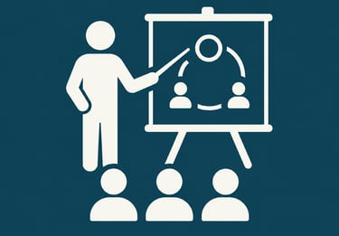 White icon of a speaker leading a business training workshop for an audience on a blue background.