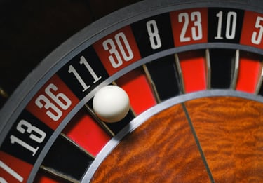 Roulette wheel with ball closeup