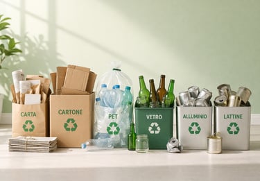 Contenitori per raccolta differenziata domestica con carta, cartone, plastica PET, vetro e lattine disposti in modo ordinato