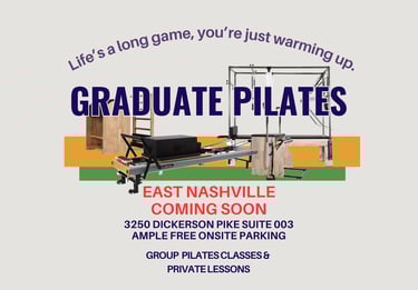 Promotional flyer for Graduate Pilates in East Nashville featuring a reformer machine and class details.