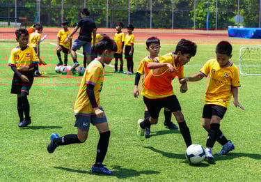 F17 Players a group of young children playing soccer on a soccer field