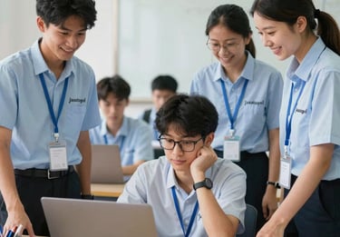 A student happily placing an order for assignment help on a laptop